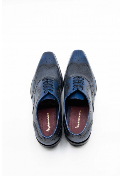 Ayakkabıhane Özel Üretim Kösele Taban Hakiki Deri Mavi El Boyama Erkek Klasik Ayakkabı CEK777 EA011