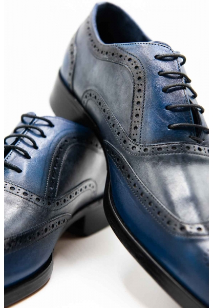 Ayakkabıhane Özel Üretim Kösele Taban Hakiki Deri Mavi El Boyama Erkek Klasik Ayakkabı CEK777 EA011