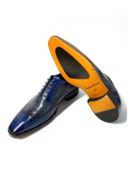 Ayakkabıhane Özel Üretim Kösele Taban El Boyaması ve El İşçiliği Lacivert-Gri Erkek Klasik Ayakkabı AH0305ÖZEL17