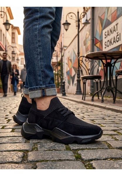 403 Yumuşak Triko Dokulu Yüksek Taban Siyah Spor Ayakkabı 