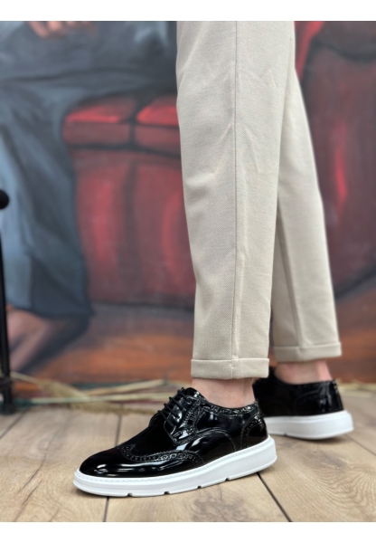 AHN0003 Bağcıklı Klasik  Siyah Beyaz Taban Rugan Yüksek Taban Casual Erkek Ayakkabı