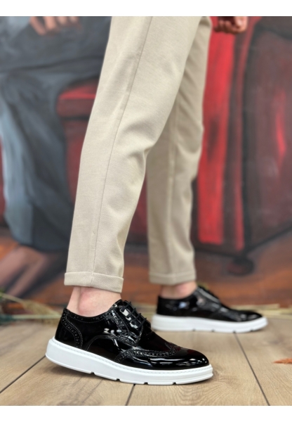 AHN0003 Bağcıklı Klasik  Siyah Beyaz Taban Rugan Yüksek Taban Casual Erkek Ayakkabı