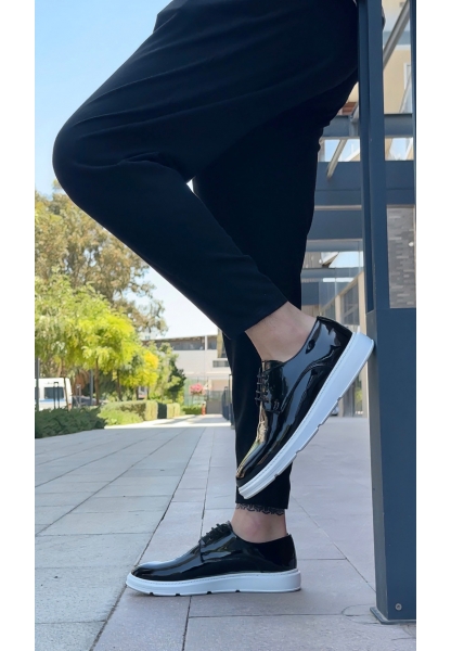 AHN0003 Bağcıklı Klasik  Siyah Rugan Yüksek Taban Casual Erkek Ayakkabı