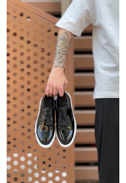 AHN0003 Bağcıklı Klasik  Siyah Rugan Yüksek Taban Casual Erkek Ayakkabı