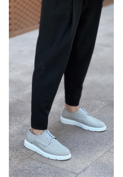 AHN0003 Bağcıklı Klasik Spor Gri Renk Keten Yüksek Taban Casual Erkek Ayakkabı