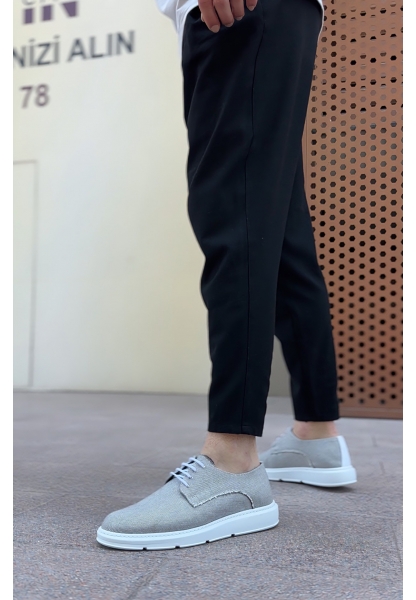 AHN0003 Bağcıklı Klasik Spor Gri Renk Keten Yüksek Taban Casual Erkek Ayakkabı