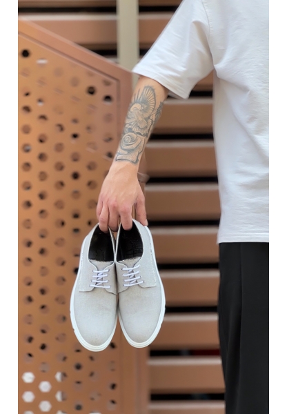 AHN0003 Bağcıklı Klasik Spor Gri Renk Keten Yüksek Taban Casual Erkek Ayakkabı