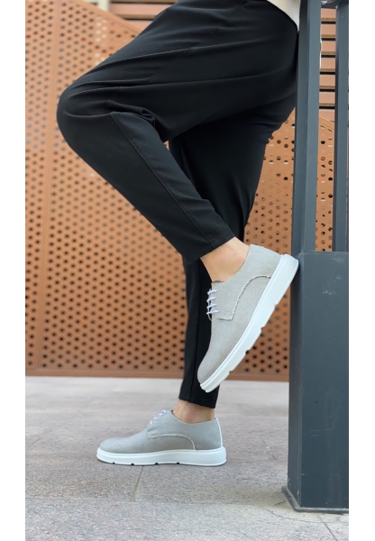 AHN0003 Bağcıklı Klasik Spor Gri Renk Keten Yüksek Taban Casual Erkek Ayakkabı