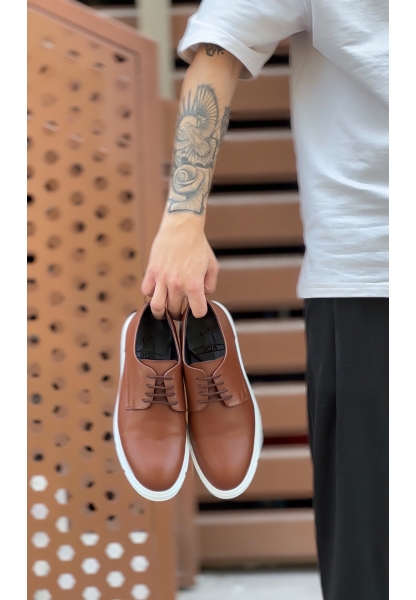 AHN0003 Bağcıklı Klasik Taba Beyaz Kalın Taban Casual Erkek Ayakkabı