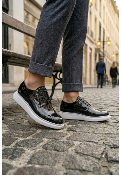 AHN0003 Siyah Bağcıklı Rugan Beyaz Taban Erkek Klasik Ayakkabı