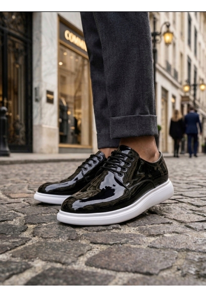 AHN0003 Siyah Bağcıklı Rugan Beyaz Taban Erkek Klasik Ayakkabı