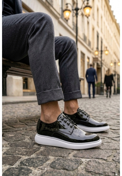 AHN0003 Siyah Bağcıklı Rugan Beyaz Taban Erkek Klasik Ayakkabı