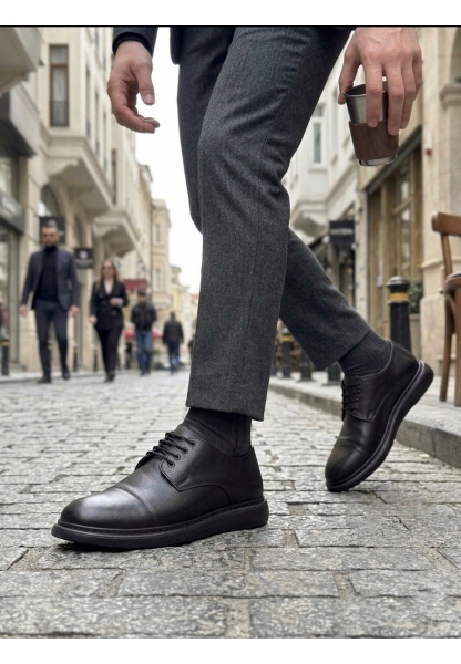 AHN0003 Siyah Kapaklı Burun Bağcıklı Erkek Oxford Ayakkabı