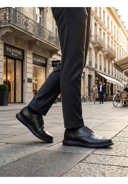 AHN0003 Siyah Kapaklı Burun Bağcıklı Erkek Oxford Ayakkabı