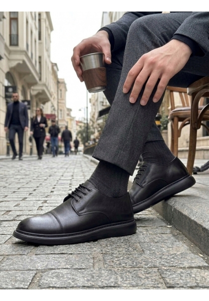 AHN0003 Siyah Kapaklı Burun Bağcıklı Erkek Oxford Ayakkabı