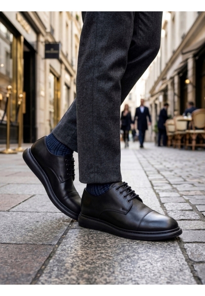 AHN0003 Siyah Kapaklı Burun Bağcıklı Erkek Oxford Ayakkabı