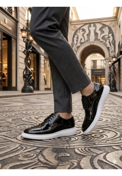 AHN0003 Siyah Kapaklı Burun Bağcıklı Rugan Beyaz Taban Erkek Oxford Ayakkabı