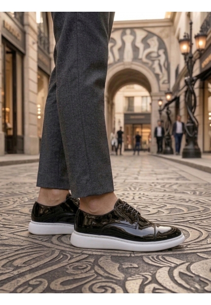 AHN0003 Siyah Kapaklı Burun Bağcıklı Rugan Beyaz Taban Erkek Oxford Ayakkabı