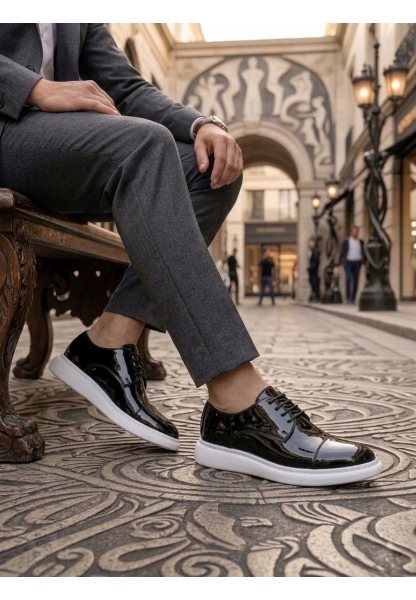 AHN0003 Siyah Kapaklı Burun Bağcıklı Rugan Beyaz Taban Erkek Oxford Ayakkabı