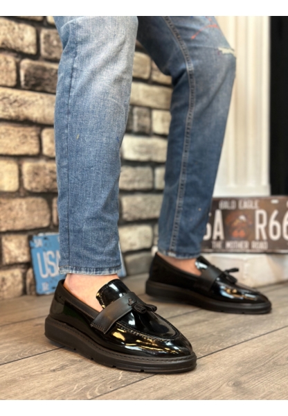 AHN0005 Bağcıksız Yüksek Siyah Taban Klasik Rugan Püsküllü Corcik Erkek Ayakkabı