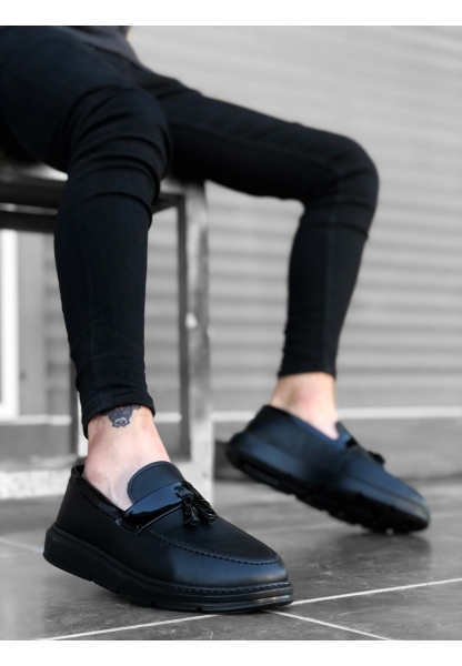 AHN0005 Bağcıksız Yüksek Taban Klasik Siyah Parlak Kuşaklı Püsküllü Erkek Ayakkabı