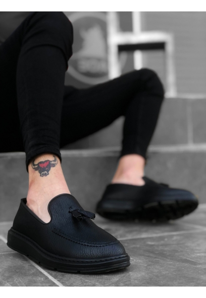 AHN0005 Bağcıksız Yüksek Taban Mat Siyah Klasik Püsküllü Corcik Erkek Ayakkabı