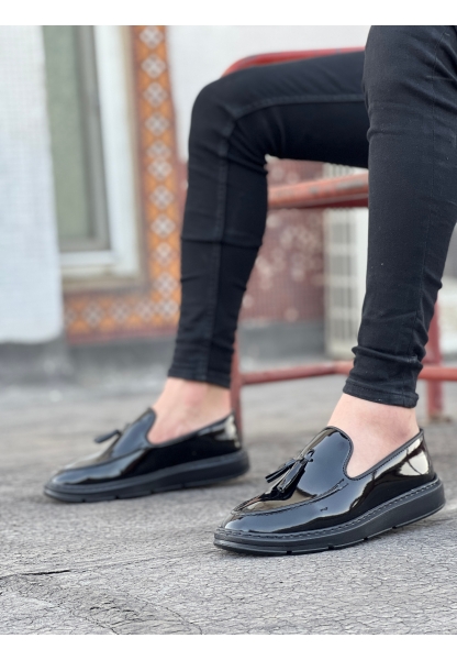 AHN0005 Bağcıksız Yüksek Taban Siyah Rugan Klasik Püsküllü Corcik Erkek Ayakkabısı