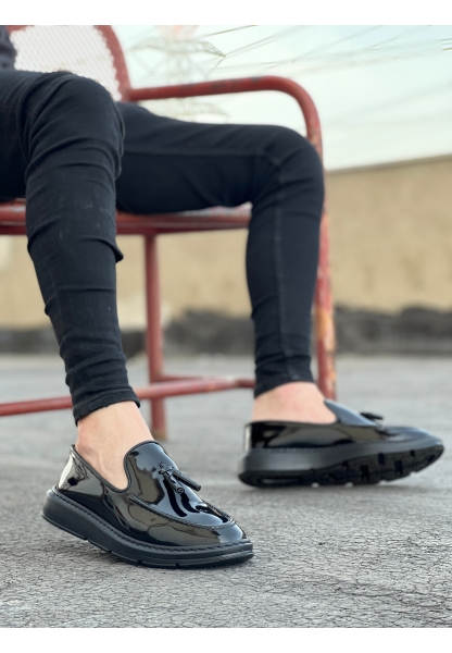 AHN0005 Bağcıksız Yüksek Taban Siyah Rugan Klasik Püsküllü Corcik Erkek Ayakkabısı