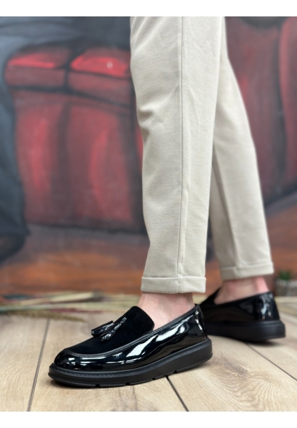 AHN0005 Bağcıksız Yüksek Taban Siyah Taban Klasik Süet Detaylı Püsküllü Corcik Erkek Ayakkabı