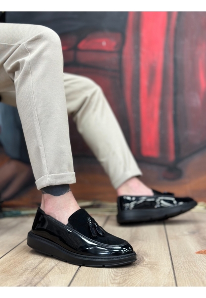 AHN0005 Bağcıksız Yüksek Taban Siyah Taban Klasik Süet Detaylı Püsküllü Corcik Erkek Ayakkabı