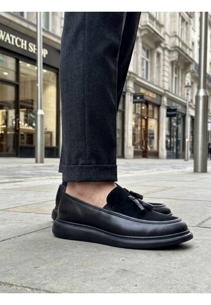 AHN0005 Yeni Sezon Kalın Tabanlı Siyah Süet Makosen Ayakkabı