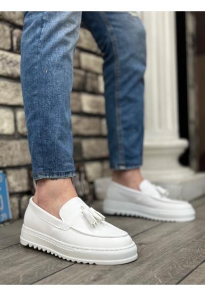 AHN0154  Bağcıksız Yüksek Taban Cilt Beyaz Renk Püsküllü Erkek Ayakkabı