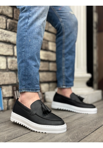 AHN0154  Bağcıksız Yüksek Taban Cilt Siyah Renk Beyaz Taban Püsküllü Erkek Ayakkabı