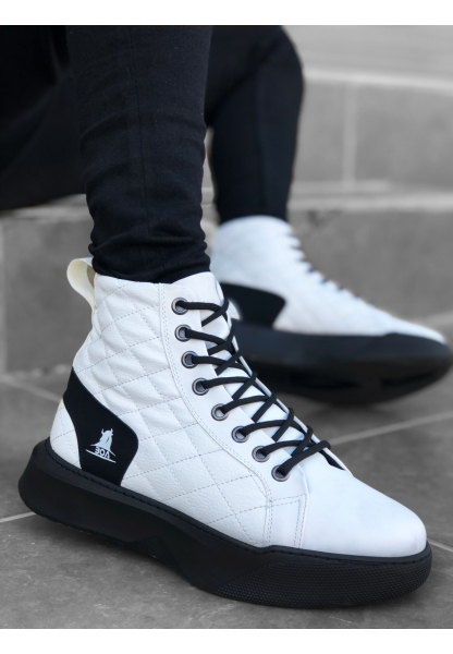 AHN0159 Bağcıklı Beyaz Kapitone Siyah Taban Erkek Yüksek Taban Spor Bot