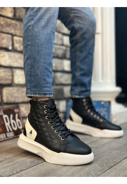AHN0159 Bağcıklı Siyah Beyaz Kapitone Erkek Yüksek Taban Spor Bot