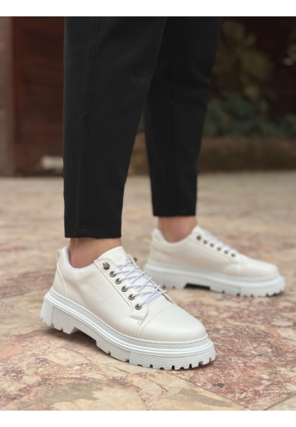 AHN0245 Beyaz Akıllı Lastik Bağcık Yüksek Siyah Taban Günlük Erkek Ayakkabı