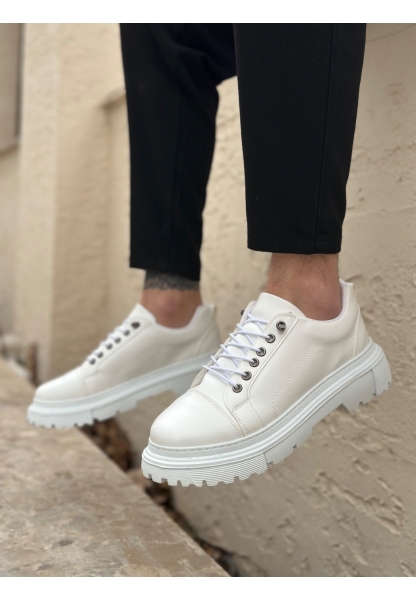 AHN0245 Beyaz Akıllı Lastik Bağcık Yüksek Siyah Taban Günlük Erkek Ayakkabı