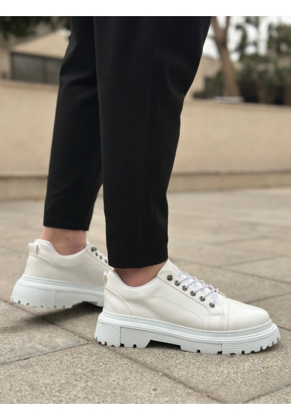 AHN0245 Beyaz Akıllı Lastik Bağcık Yüksek Siyah Taban Günlük Erkek Ayakkabı