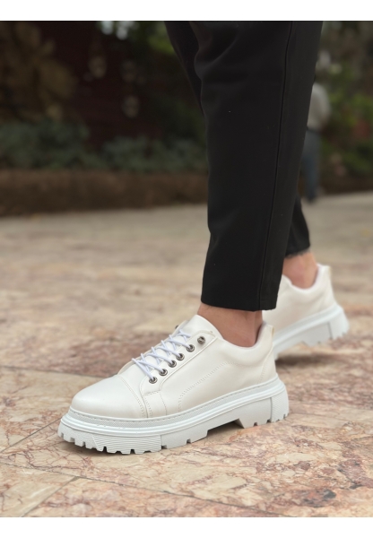 AHN0245 Beyaz Akıllı Lastik Bağcık Yüksek Siyah Taban Günlük Erkek Ayakkabı
