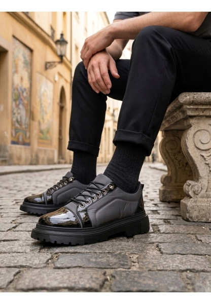 AHN0245 Gri Rugan Paraşüt Detaylı Akıllı Lastik Bağcık Yüksek Taban Günlük Erkek Ayakkabı