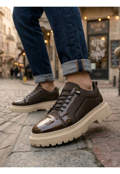 AHN0245 Kahverengi Rugan Paraşüt Detaylı Akıllı Lastik Bağcık Yüksek Bej Taban Günlük Erkek Ayakkabı