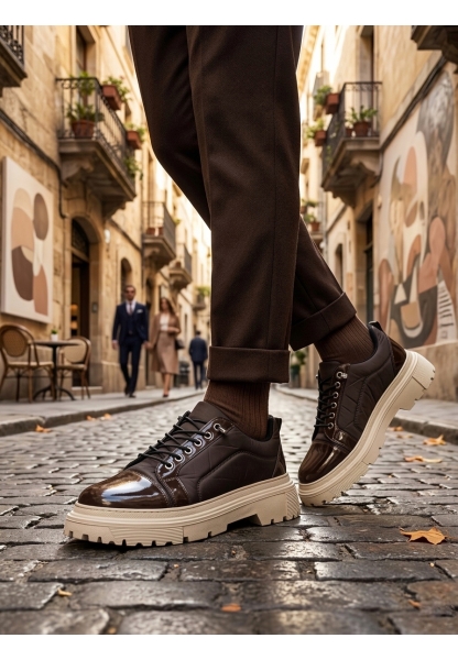 AHN0245 Kahverengi Rugan Paraşüt Detaylı Akıllı Lastik Bağcık Yüksek Bej Taban Günlük Erkek Ayakkabı