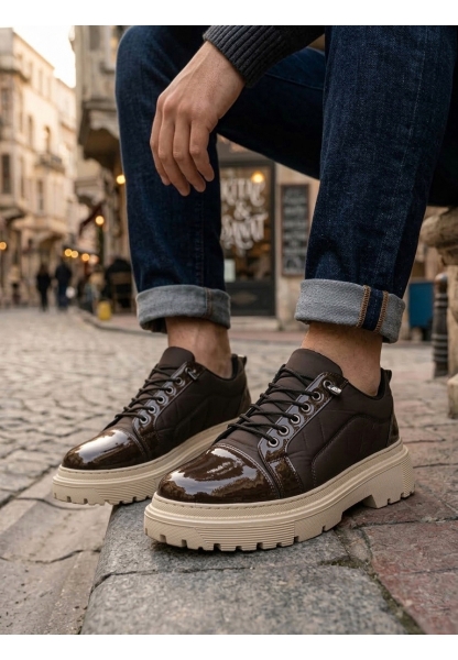 AHN0245 Kahverengi Rugan Paraşüt Detaylı Akıllı Lastik Bağcık Yüksek Bej Taban Günlük Erkek Ayakkabı