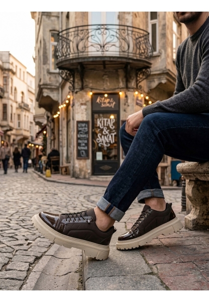 AHN0245 Kahverengi Rugan Paraşüt Detaylı Akıllı Lastik Bağcık Yüksek Bej Taban Günlük Erkek Ayakkabı