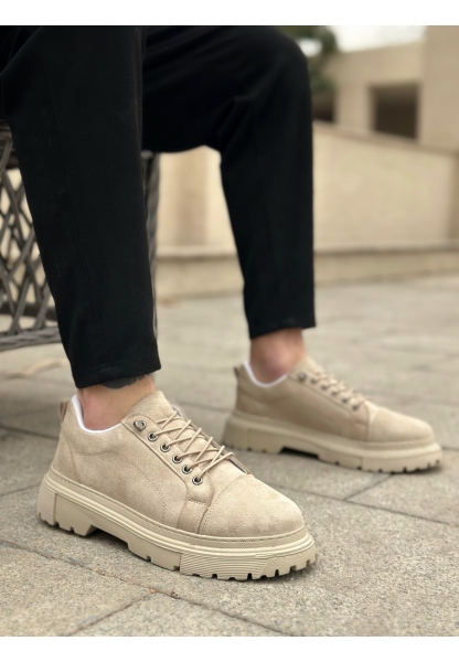 AHN0245 Krem Süet Akıllı Lastik Bağcık Yüksek Taban Günlük Erkek Ayakkabı