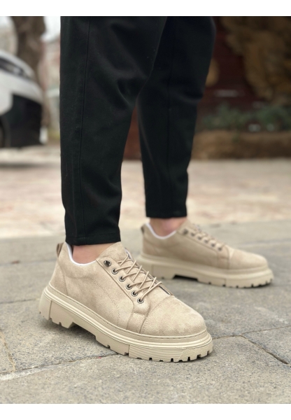 AHN0245 Krem Süet Akıllı Lastik Bağcık Yüksek Taban Günlük Erkek Ayakkabı