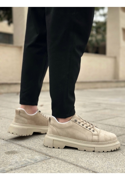 AHN0245 Krem Süet Akıllı Lastik Bağcık Yüksek Taban Günlük Erkek Ayakkabı