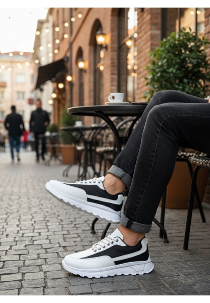 AHN0246 Beyaz Siyah Parçalı Bağcıklı Yüksek Taban Günlük Erkek Ayakkabı