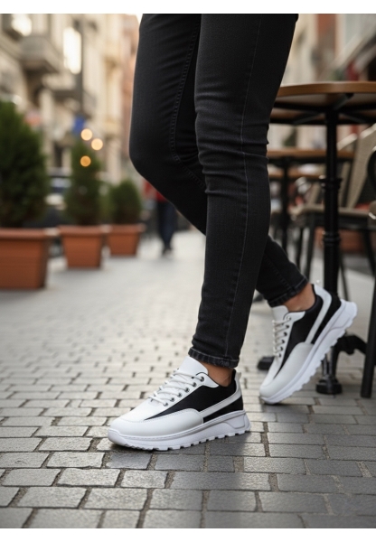 AHN0246 Beyaz Siyah Parçalı Bağcıklı Yüksek Taban Günlük Erkek Ayakkabı