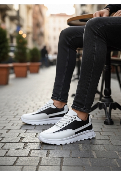 AHN0246 Beyaz Siyah Parçalı Bağcıklı Yüksek Taban Günlük Erkek Ayakkabı